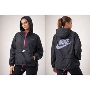 Nike Windbreaker Jacket Women's Medium Black Hooded Half Zip Logo Athleisure